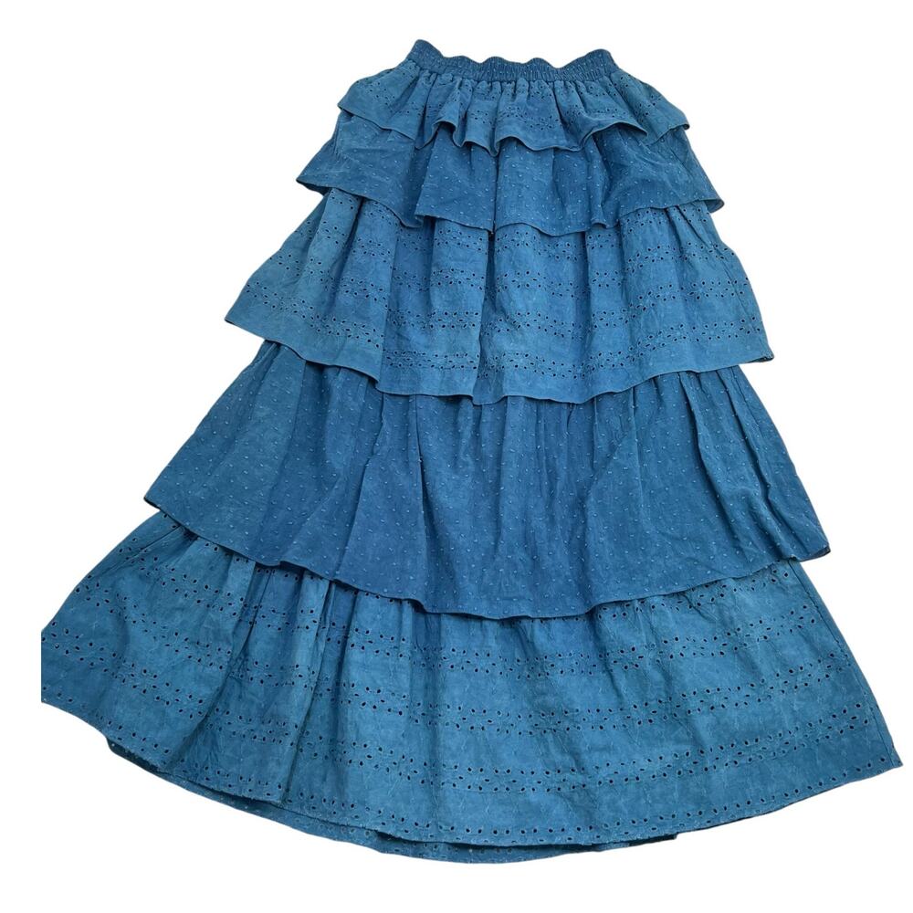 Misa Los Angeles XS Tiered Lagenlook Denim Skirt Indigo Blue Elastic Waist NWT